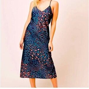 Lovestitch Spaghetti Strap Satin Leopard Print Slip Midi Dress Sz L